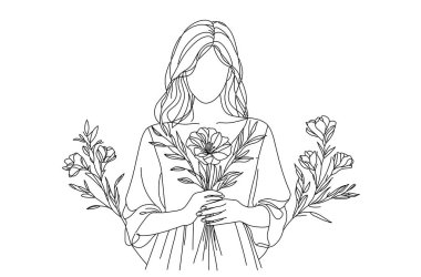 Elinde çiçeklerle ayakta duran bir kadın. Uluslararası Kadınlar Günü, 8 Mart, Anneler Günü. Ellerinde Çiçek Tutan Kadın, Vektör, poster, resim, karalama, el yapımı, bahar, çizgi, beyaz