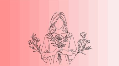 Çiçek Buketi Tutan Kadın, Kadınlar Günü, 8 Mart, Anneler Günü. Elinde renkli bir buket çiçekle ayakta dikilen bir kadın resmi. Vektör, poster, resim, karalama, el yapımı, bahar