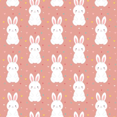 Beyaz tavşanları barındıran şirin desenler, küçük renkli kalpler boyunca birleşmiş. Tavşan çizgi filmleriyle kusursuz desenler, sevimli renkli kalpler, vektör illüstrasyonu.