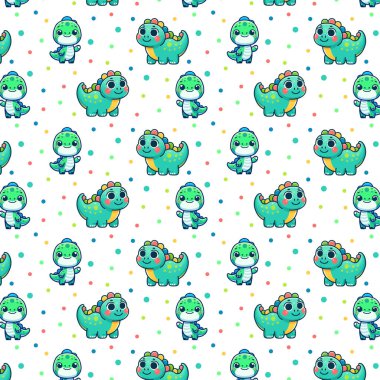 Şirin dinazorlu renkli karalamalar. Yavru tekstil ve kumaş için dinazorlu kusursuz vektör izi. Bebek dinazorun kusursuz baskısı komik maskot karakteri, çocuksu İskandinav Clipart.