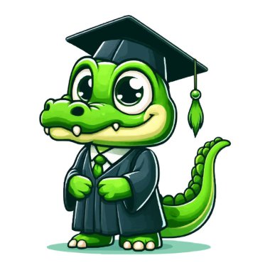 Çizgi film timsahı mezuniyet için siyah bir elbise ve kep giymişti..