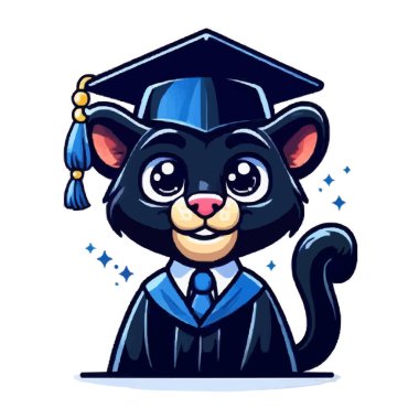 Mezuniyet için cüppe ve kep giymiş kara kedi..