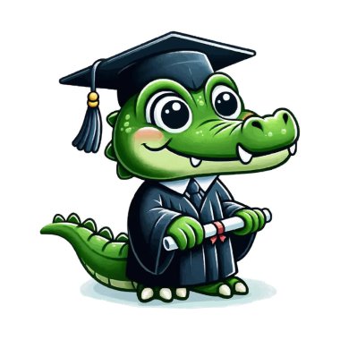 Siyah mezuniyet cüppeli çizgi film timsahı bir diploma tutuyor..