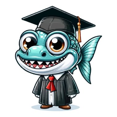 Mezuniyet kepi ve cübbesi giyen tecrit edilmiş piranalar.