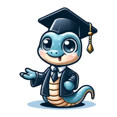 Siyah mezuniyet elbisesi ve kepi giymiş mavi çizgi film yılanı..