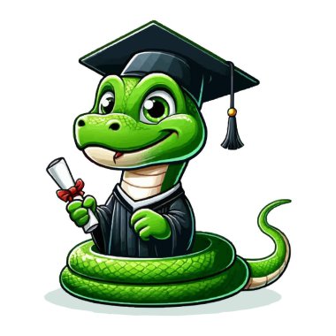 Siyah mezuniyet elbisesi ve kepi giymiş, sarılmış diplomalı yeşil bir yılan..