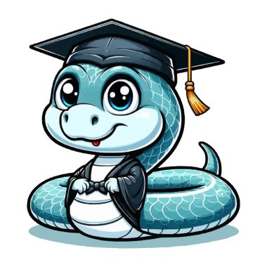 Elinde diploma ve mezuniyet şapkası olan çizgi film yılanı..
