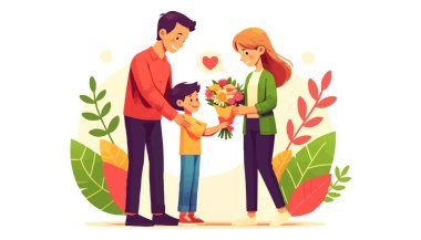 Ebeveynler Günü 'nde eşe, oğulları eşliğinde büyük bir buket çiçek verilir..