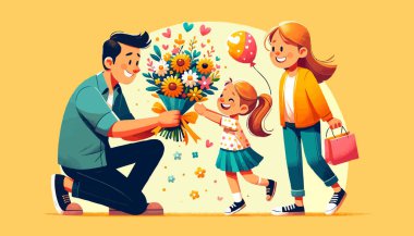 Ebeveynler Günü 'nde, anne kızının yanında durur ve baba ona büyük bir buket çiçek verir..