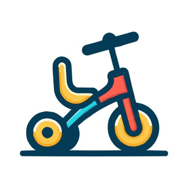 Basit düz çizim, çocuk sarısı, pembe ve mavi arka tekerli bisiklet..