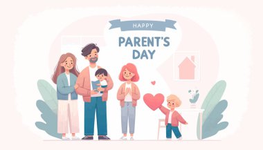 Düz tasarım, beyaz zemin, neşeli büyük aile, ebeveynler günü, neşeli ve keyifli