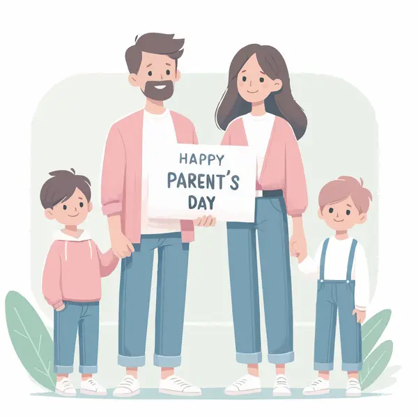 stock vector A cheerful family is carrying a card that reads Parents' Day, flat style on a white backdrop.