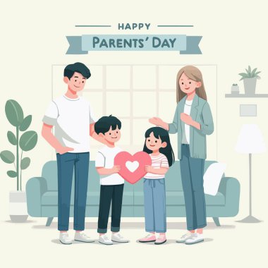 Mutlu aile, düz stil, beyaz fon, ellerinde tutulan kalpler, üzerinde ebeveyn günü metni olan..
