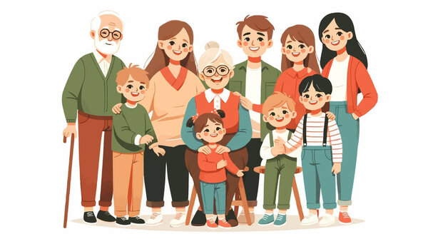 Happy and smiling white family spanning several generations is portrayed in a flat style with space for text on Parents' Day.
