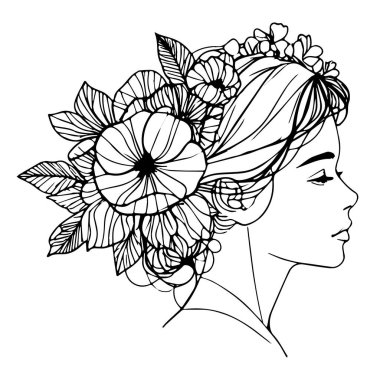 Minimalist, boho tarzı beyaz üzerinde yumuşak siyah çizgiler olan bir resim. Saçında çiçekler olan genç bir bayan. Zarif, çağdaş illüstrasyon, renklendirme için ideal.