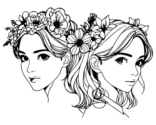 Stock vector Two females wearing flower crowns on their heads are depicted in an isolated black and white line illustration.