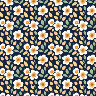 Koyu mavi arkaplanda tekrarlanan turuncu ve sarı çiçekler. Çiçeklerin yaprakları yeşil, merkezleri beyaz..