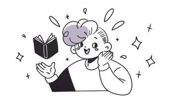 Neşeli bir ifadesi ve kitabı olan bir kızın tasviri. Tek renkli, çizgi film tarzında. Eğitici malzemeler, çocuk içeriği ve çizgi romanlar için mükemmel..