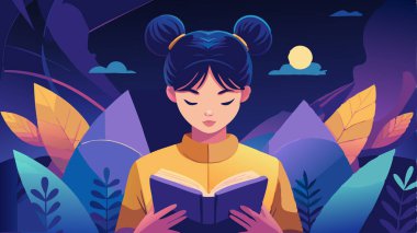 Canlı bir arka planı olan dijital bir resimde kitap okuyan bir kız. Sanat çalışmaları eğitim içeriği, web tasarımı ve bilim kurgu temaları için uygundur..