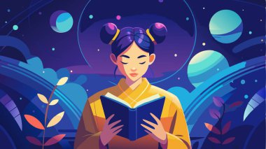 Uzay temalı canlı bir ortamda kitap okuyan bir kız. Parlak paleti ile dijital illüstrasyon bilim kurgu temaları, eğitim içeriği ve posterler için mükemmeldir..