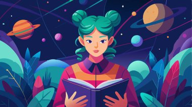 Renkli bir uzay ortamında kitap okuyan bir kızın tasviri. Bu dijital sanat eseri parlak bir palet ile eğitim materyalleri, kitap kapakları ve web siteleri için uygundur.