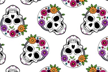 Parlak çiçekli ölü kafatasları günü, vektör sanatı. Temalı etkinlikler, tekstil desenleri ve tatil dekorasyonu için ideal