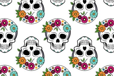 Çiçekli şenlikli kafatasları, kusursuz vektör deseni. Dia de los Muertos dekorasyonu, tekstil tasarımları ve tatil el sanatları için ideal.