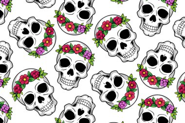 Çiçekli taçlı, kusursuz vektör desenli ölü kafatasları günü. Tatil süslemeleri, kumaş baskıları ve şenlikli el sanatları için mükemmel.