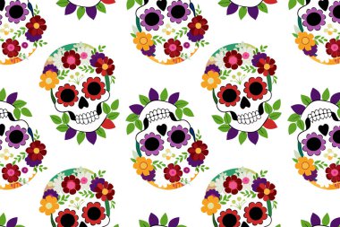 Çiçek elementli parlak kafatası deseni Ölüler Günü için vektör arkaplanı. Web tasarımı, parti dekorasyonu ve tekstil modelleri için uygundur