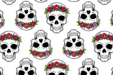 Çiçeklerle süslenmiş kafatasları Ölüler Günü için vektör arkaplan. Etkinlik promosyonları, tekstil baskıları ve tatil dekorasyonu için mükemmel..