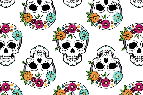Çiçekli şenlikli kafatasları, kusursuz vektör deseni. Dia de los Muertos dekorasyonu, tekstil tasarımları ve tatil el sanatları için ideal.