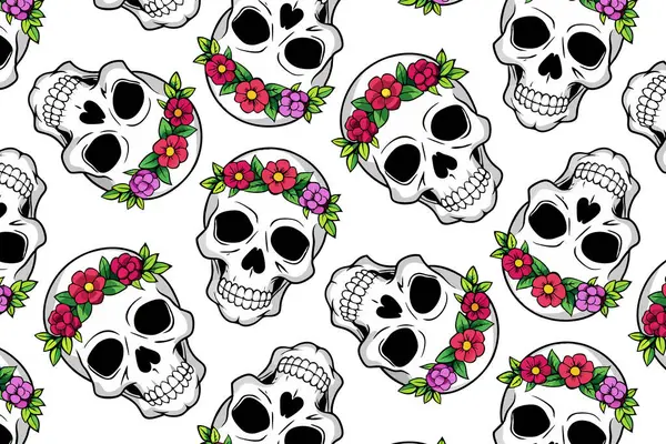 Çiçekli taçlı, kusursuz vektör desenli ölü kafatasları günü. Tatil süslemeleri, kumaş baskıları ve şenlikli el sanatları için mükemmel.