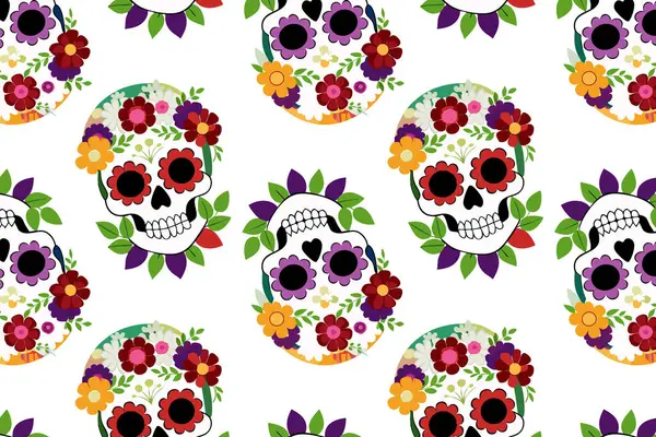 Çiçek elementli parlak kafatası deseni Ölüler Günü için vektör arkaplanı. Web tasarımı, parti dekorasyonu ve tekstil modelleri için uygundur