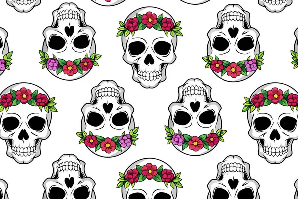 Çiçeklerle süslenmiş kafatasları Ölüler Günü için vektör arkaplan. Etkinlik promosyonları, tekstil baskıları ve tatil dekorasyonu için mükemmel..