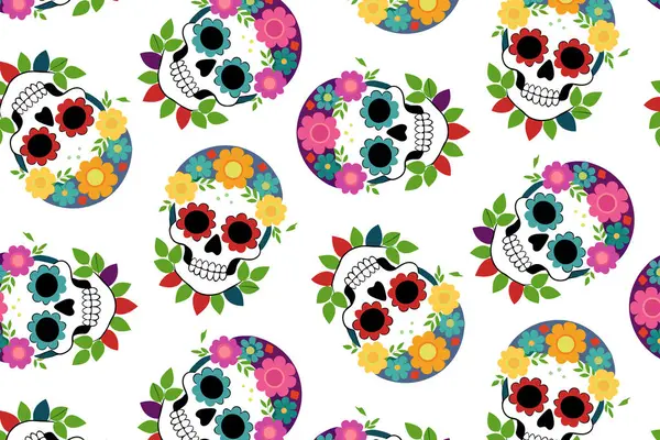Çiçekli renkli kafatası deseni, Dia de los Muertos 'un vektör arkaplanı. Web tasarımı, parti dekorasyonu ve tekstil baskıları için mükemmel.