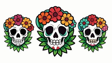Canlı çiçek çelenkleriyle ölü kafatası çizimi günü. Tatil temalı tasarımlar, dövmeler ve web dekorasyonu için ideal. Parlak renkler ve temiz vektör biçimi