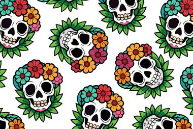 Ölüler Günü 'nde parlak çiçek desenli kafatası deseni ambalaj kağıdı, kumaş tasarımı ve kutlama projeleri için uygun. Temiz bir vektör tarzında cesur, canlı renkler