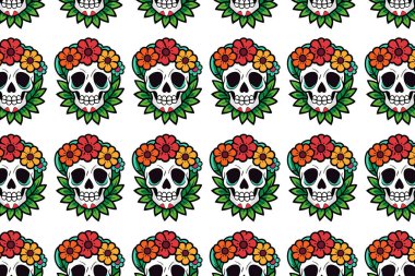 Çiçekli çelenklerdeki ölü kafatasları günü kumaş, web tasarımı ya da şenlikli dekorasyonlar için kusursuz desenler. Modern vektör tarzıyla parlak, eğlenceli renkler