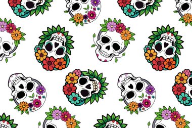 Dia de los Muertos 'a uygun canlı çiçekli şeker kafatası tasarımı Dia de los Muertos' a ilham veren projeler, dijital sanat ve tatil dekoru. Oyuncu, vektör tarzında cesur, renkli bir illüstrasyon