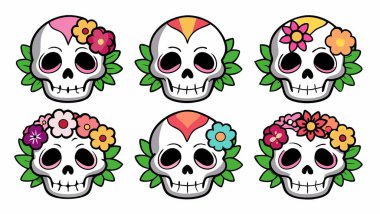 Canlı bir renk paletinde yaprakları ve çiçekleri olan vektör kafatası. Web tasarımı, tekstil desenleri ve Dia de los Muertos gibi bayram temalı dekorlar için mükemmel. Bu izole edilmiş çizim parlak renklere sahip eğlenceli, karikatürist bir stile sahiptir..