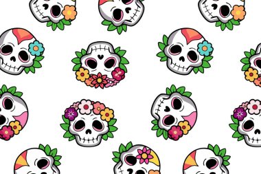 Dia de los Muertos renkli kafatasları ve çiçekleri olan esinlenmiş bir model. Tatil temalı dekor, tekstil tasarımı ve web elementleri için mükemmel. Şablon, çeşitli rotasyonlarda kafataslarıyla eğlenceli ve canlı bir stile sahip..