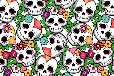 Dia de los Muertos deseninde renkli kafatasları ve çiçekler. Kumaş, hediye paketi ve şenlikli web tasarımı için kusursuz bir tasarım. Parlak, neşeli renkler ve çizgi film stili bu motifi bayramı kutlamak için mükemmel kılıyor..