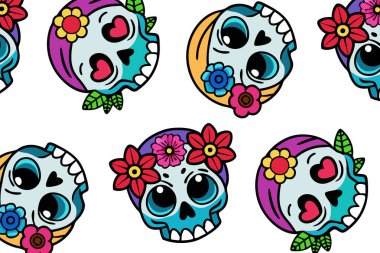 Dia de los Muertos kafatası, parlak çiçekler ve pürüzsüz bir desen içinde kalpler. Şenlik dekorasyonu, kumaş baskıları ve web tasarımı için ideal. Vektör deseni canlı bir renk paleti kullanarak neşeli ve canlı..