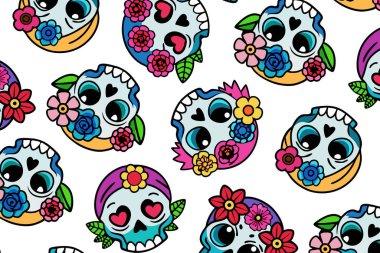 Dia de los Muertos renkli kafatasları ve çiçek elementleriyle temalı desen. Tekstil ürünleri, ambalaj kağıtları ve şenlikli dekorasyonlar için mükemmel. Tasarım eğlenceli ve canlı, çizgi film tarzında canlı bir renk paleti var..