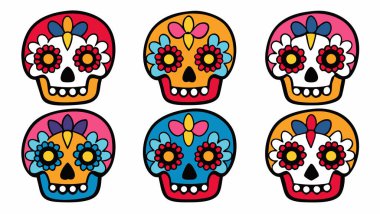 Dia de los Muertos kafatasları, izole edilmiş renkli ikonlar, canlı Meksika tarzı. Dijital kullanım için idealdir, kalın bir renk paleti ile şenlikli kafatası tasarımları sunar.
