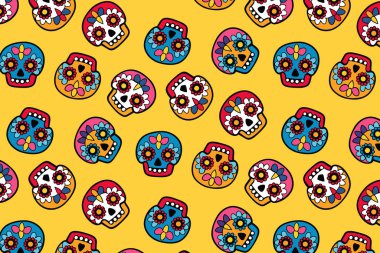 Dia de los Muertos kafatasları, sarının kusursuz deseni, geleneksel Meksika tarzı. Kumaş ve ağ arkaplanı için mükemmel, canlı ve cesur bir renk düzeni var..