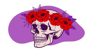 Canlı kırmızı güller ve minimum arkaplan ile kalın boho kafatası çizimi, web tasarımı, giyim ve mevsimsel dekor için mükemmel