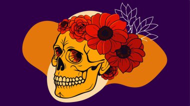 Boho skull with bright red flowers and bold colors, perfect for event invitations, posters, and seasonal decor with a festive edge clipart