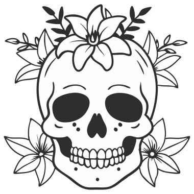 Çiçek kafatası, minimalist çizim. İkonografi ya da tekstil için en iyisi. Karanlık tonlarda Ölü Estetik Günü.