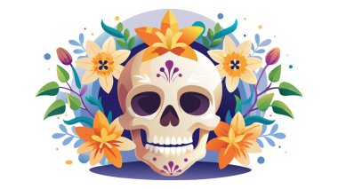 Çiçekli kafatası, canlı vektör çizimi. Dia de los Muertos ya da Cadılar Bayramı gibi tatil temalı tasarımlar için uygundur. Parlak, neşeli renkler, parti davetiyeleri ve posterleri için mükemmel..